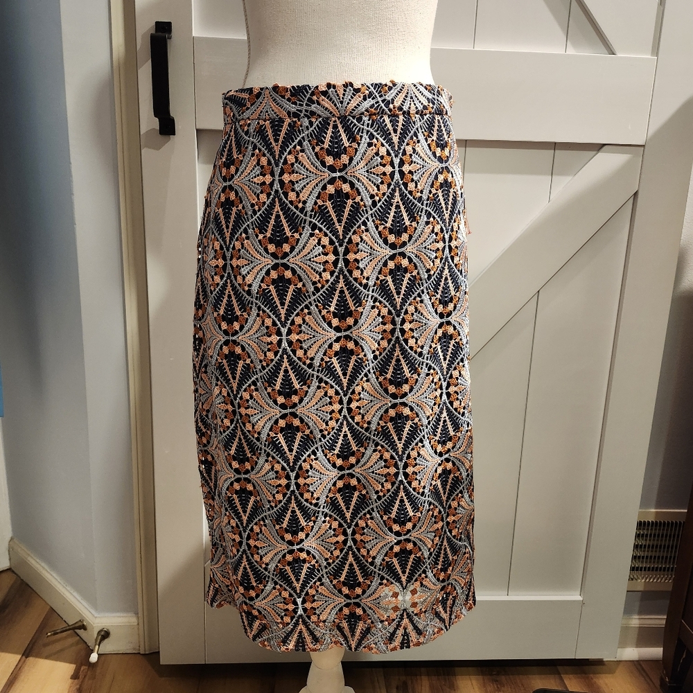 Anthro Moulinette Soeurs Elegant Patterned Midi Pencil Skirt Size 8